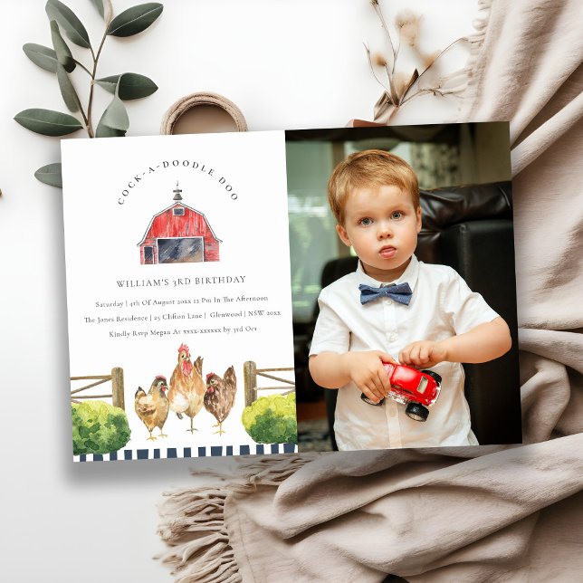 Cute Red Barn Chicken Farm Photo Birthday Invite (Creator Uploaded)