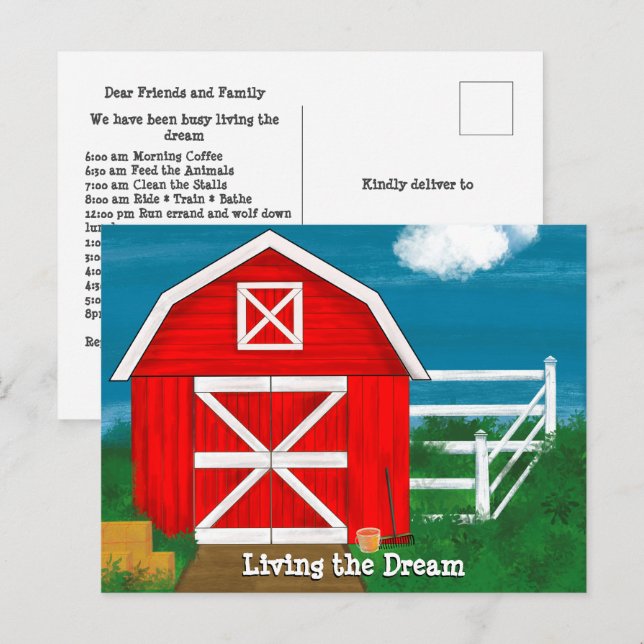 Cute Red Barn Drawing Living the Dream Postcard (Front/Back)