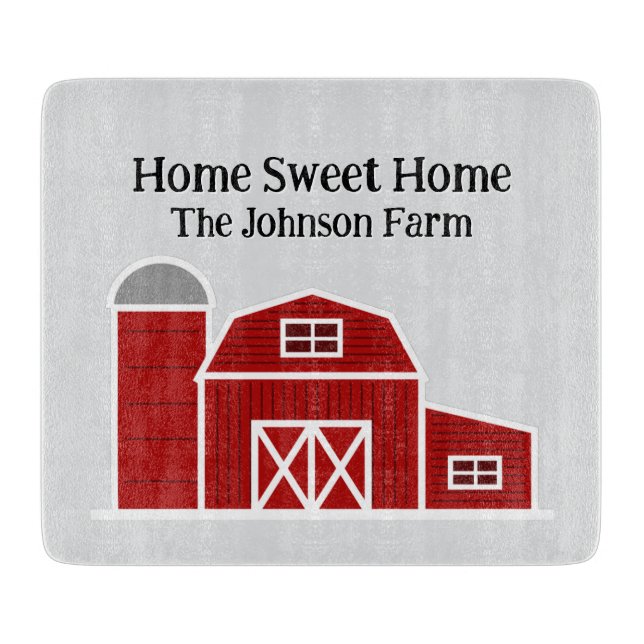 Cute red barn farm house personalised cutting board (Front)