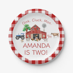 Cute Red Barnyard Farm Animal 2nd Birthday Paper Plate
