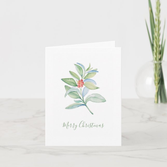 Cute Red Berries and Holly Watercolor Christmas Note Card (Front)