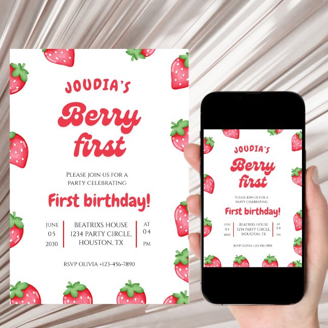 Cute Red Berry First Birthday Watercolor  Invitation (Creator Uploaded)