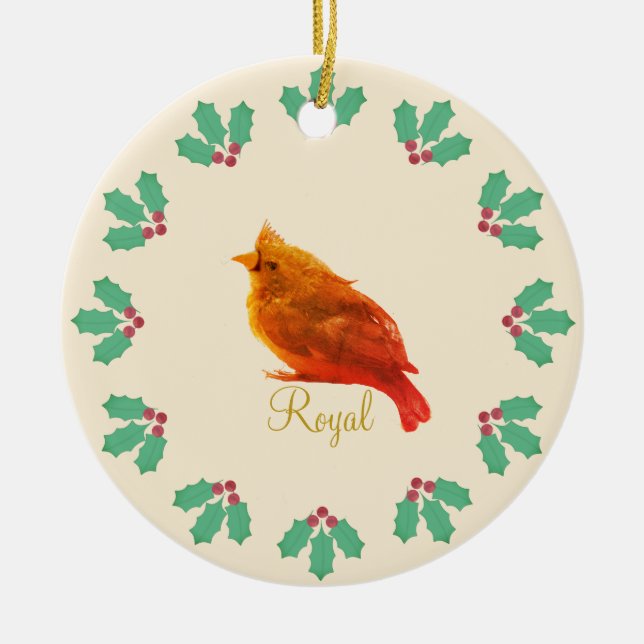 Cute Red Bird & Holly Berries Ceramic Tree Decoration (Front)