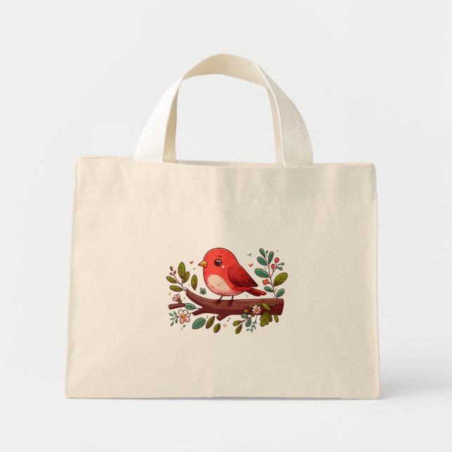 Cute Red Bird on a Branch with Flowers Mini Tote Bag (Front)