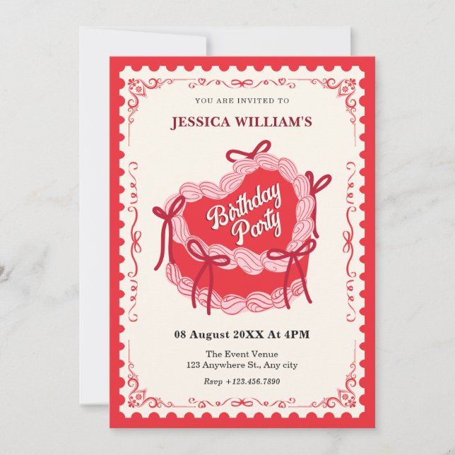 Cute red birthday bow cake  invitation (Front)