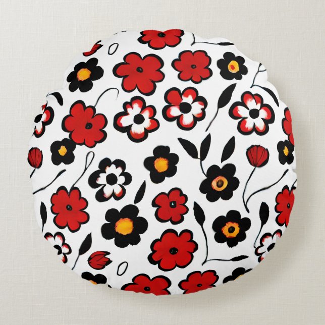 Cute Red, Black and White Flower Pattern Round Cushion (Front)