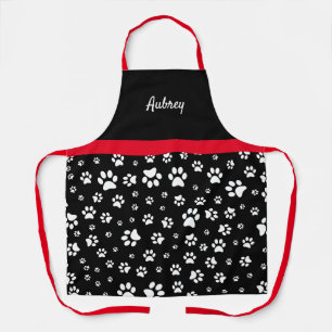 Cute Red Black and White Paw Print Personalised Apron