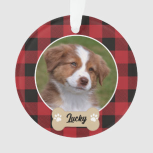 Cute Red Black Buffalo Plaid Custom Dog Photo Ornament