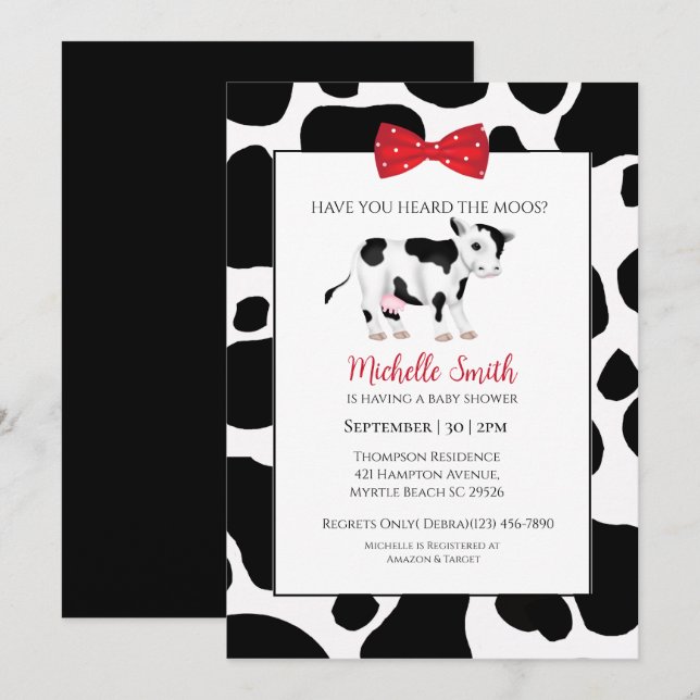 Cute Red Black Cow Print Baby Shower Scallop    Invitation (Front/Back)