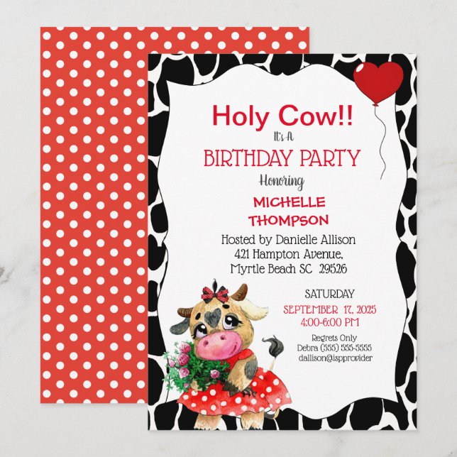 Cute Red Black Holy Cow Print Birthday Party   Invitation (Front/Back)