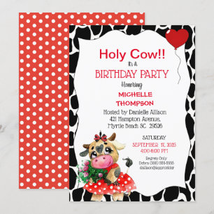 Cute Red Black Holy Cow Print Birthday Party   Invitation
