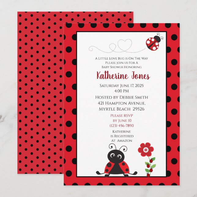 Cute Red Black Ladybug Baby Shower Invitation (Front/Back)