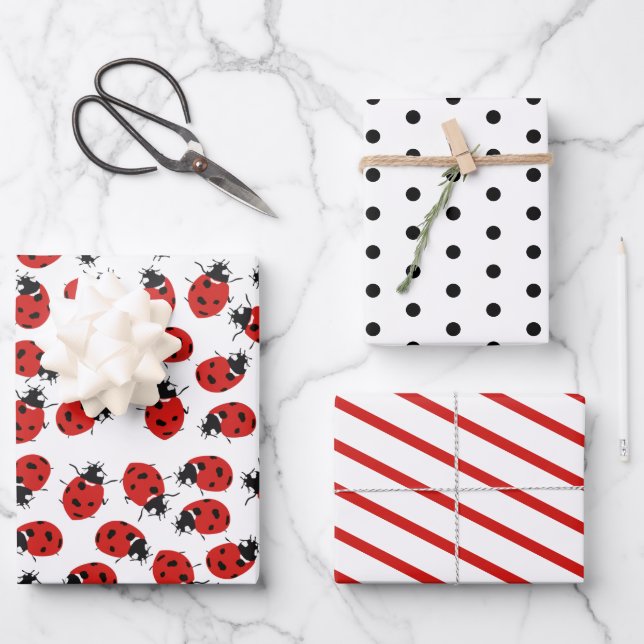 Cute Red & Black Ladybug Pattern Wrapping Paper Sheet (Front)