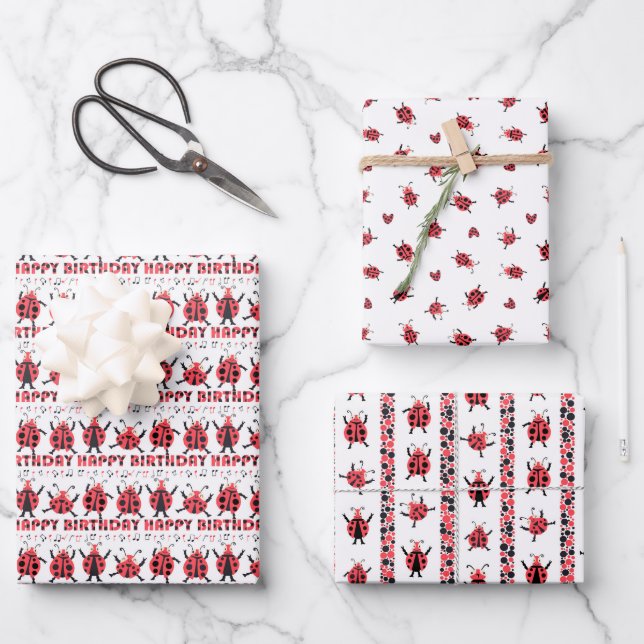  Cute Red Black Ladybugs Happy Birthday Kids' Wrapping Paper Sheet (Front)
