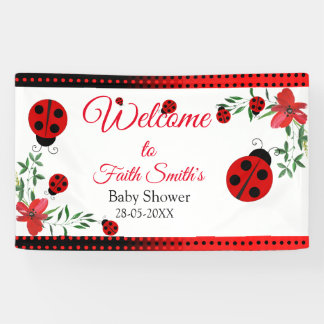Cute Red & black Ladybugs | Watercolor Flowers  Banner