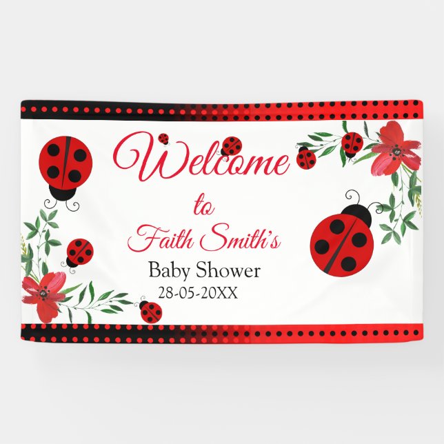 Cute Red & black Ladybugs | Watercolor Flowers  Banner (Horizontal)