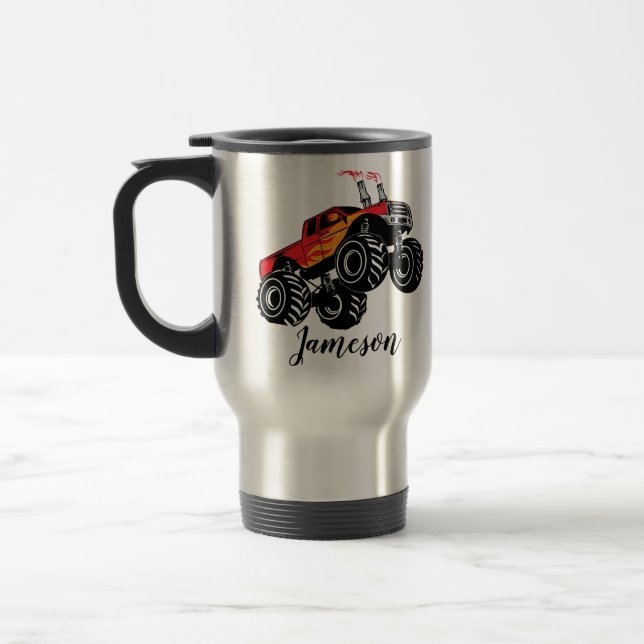 Cute Red Black Monster Truck Name Personalised Travel Mug (Left)
