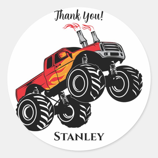 Cute Red Black Name Monster Truck Thank You Classic Round Sticker (Front)