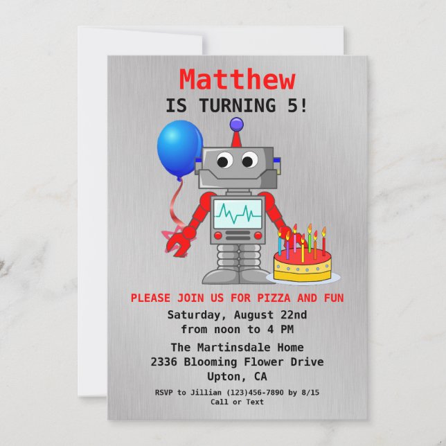 Cute Red, Blue & Grey Robot Birthday Invitation (Front)