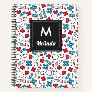 Cute Red Blue Medical Pattern Nurse Monogrammed Notebook