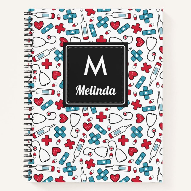 Cute Red Blue Medical Pattern Nurse Monogrammed Notebook (Front)