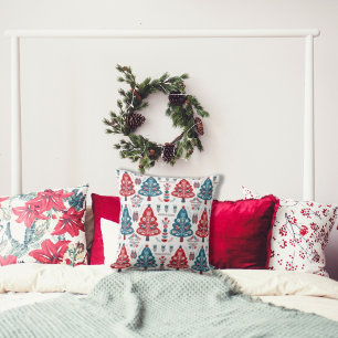 Cute Red Blue Scandinavian Christmas Tree Folk Art Cushion