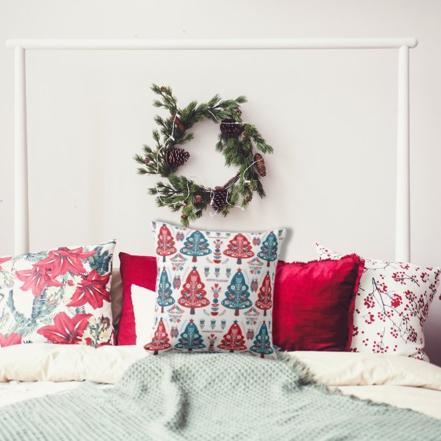 Cute Red Blue Scandinavian Christmas Tree Folk Art Cushion (Creator Uploaded)