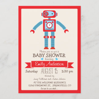Cute Red & Blue Vintage Robot Baby Shower Invitation
