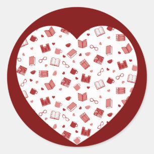 Cute Red Book and Reading Pattern on heart Classic Round Sticker