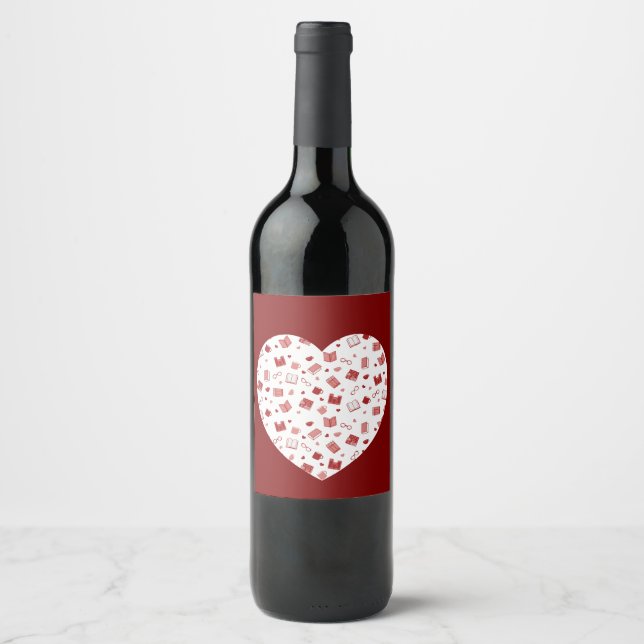Cute Red Book and Reading Pattern on heart Wine Label (Front)