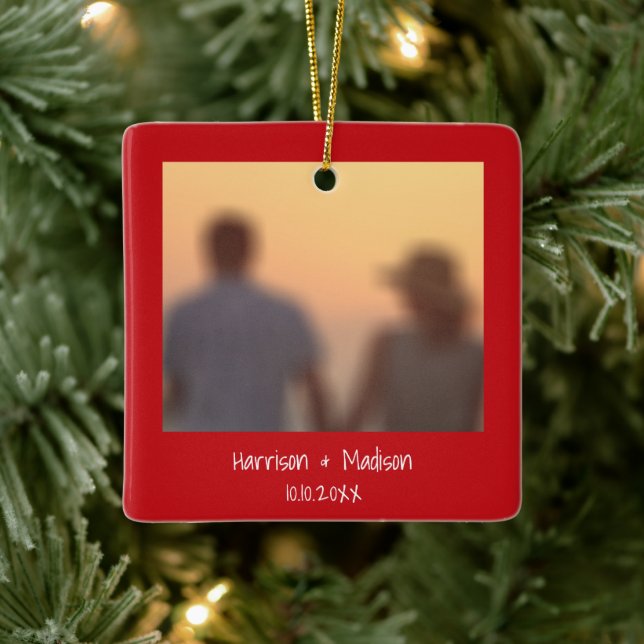 Cute red border custom photo names date Christmas  Ceramic Ornament (Tree)