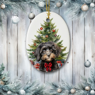 Cute Red Bow Black Tan Cavapoo Dog Christmas Ceramic Tree Decoration
