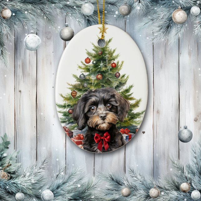 Cute Red Bow Black Tan Cavapoo Dog Christmas Ceramic Tree Decoration (Creator Uploaded)