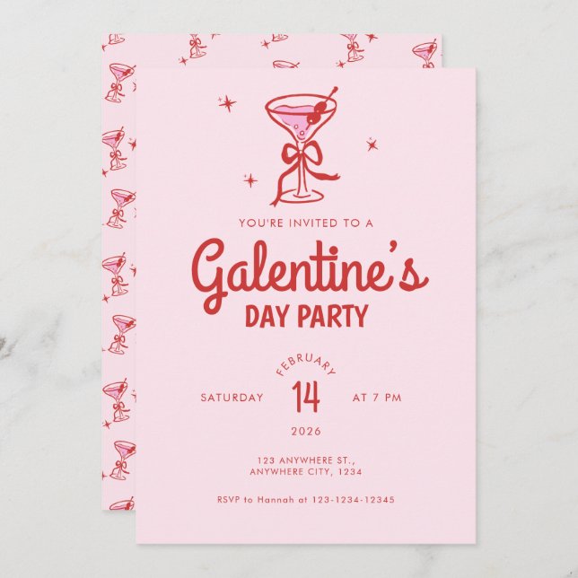 Cute Red Bow Cocktail Galentine's Day Party Invitation (Front/Back)