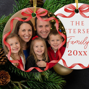 Cute red bow family photo keepsake Christmas Ceramic Tree Decoration