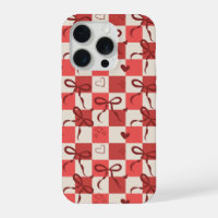 Cute Red Bow & Heart Chequerboard Pattern 