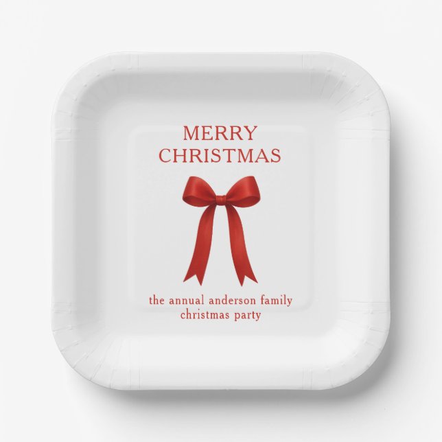  Cute Red Bow Merry Christmas Paper Plate (Front)