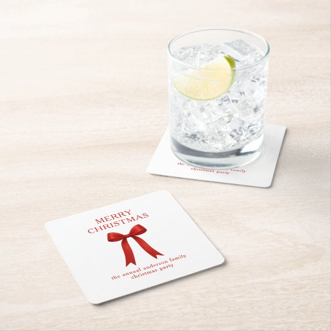  Cute Red Bow Merry Christmas Square Paper Coaster (Insitu)