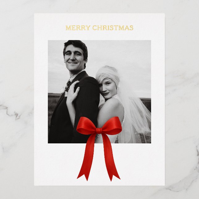  Cute Red Bow Photo Merry Christmas Foil Holiday Postcard (Front)