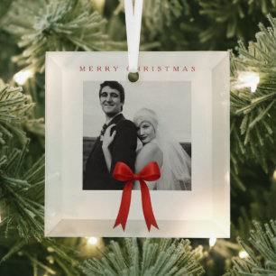 Cute Red Bow Photo Merry Christmas Glass Tree Decoration
