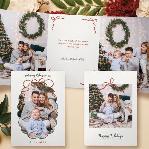 Cute Red Bow Scalloped Border Photo Tri-Fold Card