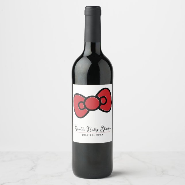 Cute Red Bow Whimsical Baby Shower  Wine Label (Front)