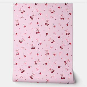 Cute Red Bows Cherries Hearts on Pink Wallpaper