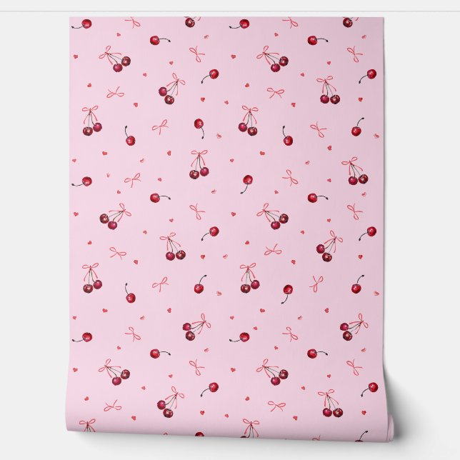 Cute Red Bows Cherries Hearts  on Pink Wallpaper (Unrolling)