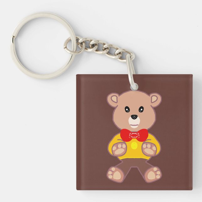 Cute Red Bowtie Beige Teddy Bear Brown  Key Ring (Front)