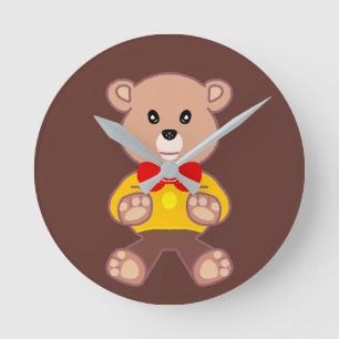 Cute Red Bowtie Beige Teddy Bear Brown  Round Clock
