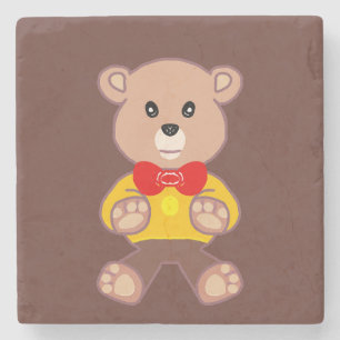 Cute Red Bowtie Beige Teddy Bear Brown Stone Coaster