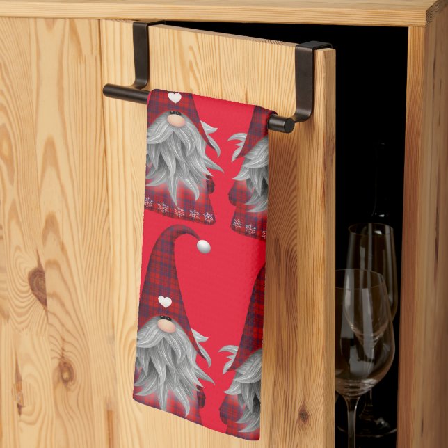 Cute Red Buffalo Plaid Christmas Gnome  Tea Towel (Thirds Fold)