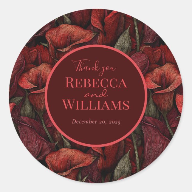 Cute Red Calla Lilies Fantasy Minimalist Wedding Classic Round Sticker (Front)