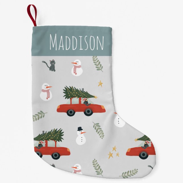 Cute Red Car and Snowman Winter Holiday Tree Kids Small Christmas Stocking (Front)